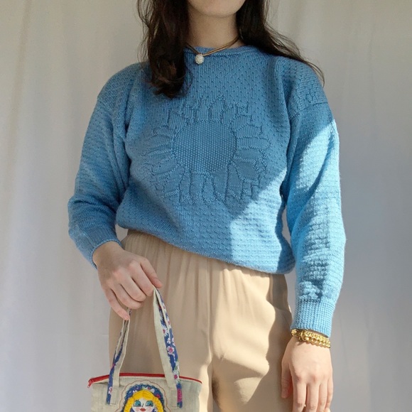Vintage Sky Blue Subtle Sunflower Chunky Sweater M - Picture 2 of 5
